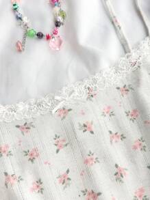 SHEIN Conjunto de 2 piezas de camisola con lazo y encaje con estampado floral diminuto, y shorts de cintura alta, estilo clean girl/bm, primavera y verano para chicas adolescentes, color azul marino - Rosa - Ver 5
