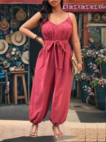 SHEIN LUNE 时尚休闲复古 V 领细肩带束腰连体裤 - 紅色 - 查看 3