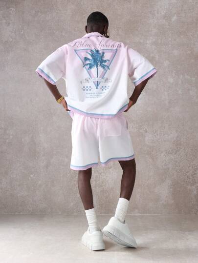 SUMWON Palm Springs Resort Collection Summer Vacation Two-Piece Retro Aesthetic Short Sleeve Button Down Shirt And Shorts Set Travel Fashion Athletic Coordinates