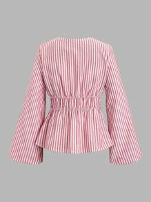 Sweetra Áo sơ mi dài tay thời trang thường ngày in sọc, viền xoắn, thích hợp cho mùa xuân/hè - Đỏ - Xem 2