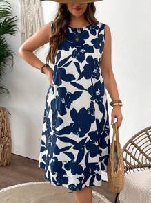 SHEIN VCAY 大码蓝白印花休闲连衣裙