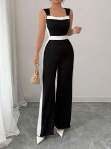 SHEIN Unity Women's Elegant Contrast Color Strap Wide Leg Jumpsuit - Black and White - View 6