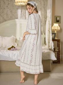 CottageSlumber Camisón largo de mujer con estampado floral romántico de cuello en V con volantes en el dobladillo, perfecto para el verano y las vacaciones
