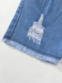 3pcs Casual Young Girls Denim Shorts Set, Distressed Washed Jeans, Versatile Style - Multicolor - View 3