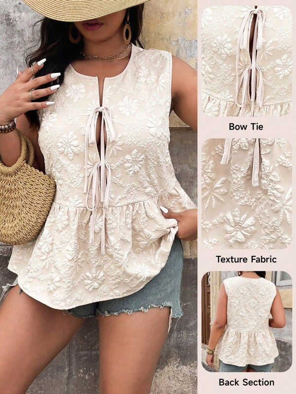 SHEIN LUNE Plus Size Plain Jacquard Knot Front Sleeveless Casual Holiday Shirt