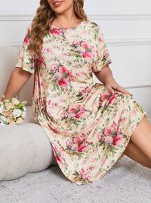 SHEIN 加大码优雅花卉印花夏季睡裙娃娃裙完美夏日，Moo Moo 睡裙 - 彩色 - 查看 1