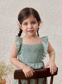 Blossori Baby Girls Pastoral Resort Embroidered Ruffle Hem Bib Overall Pants - Green - View 5