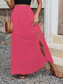 Breezaya 女士纯色开衩休闲度假裙，女士波西米亚风开衩大腿长裙，宽松高腰裙，春秋季，休闲日常穿着度假海滩 - 玫紅色 - 查看 1