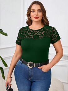 SHEIN Clasi 加大码优雅圆领撞色蕾丝T恤、夏季上衣、女式夏季衬衫 - 墨綠色 - 查看 7