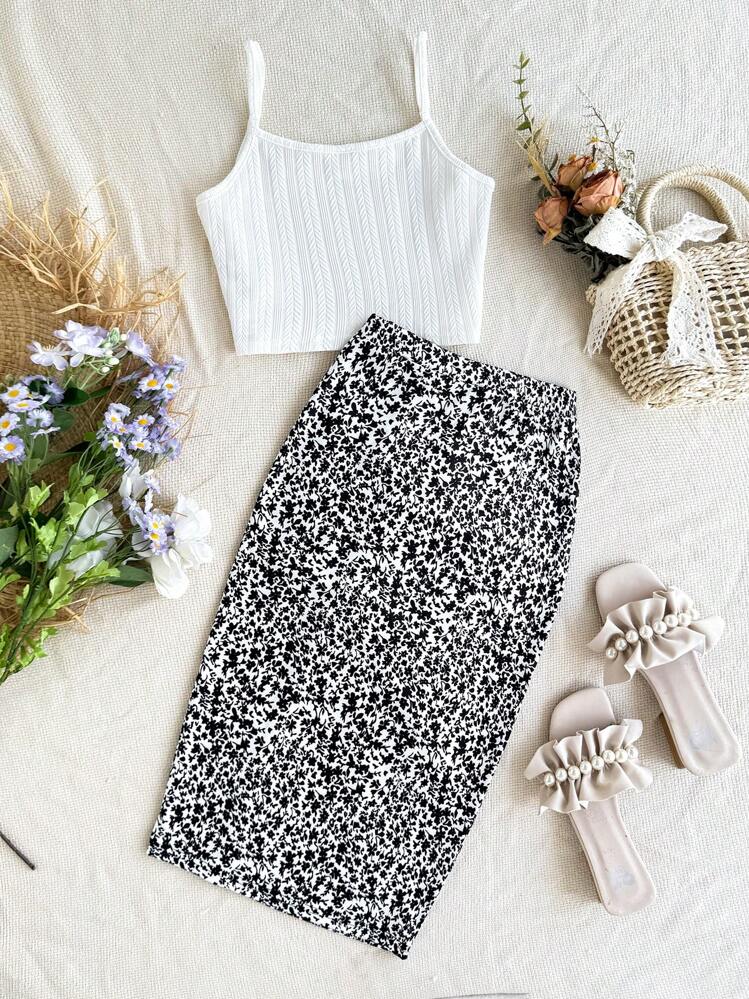 SHEIN Bộ áo ba lỗ dệt kim phong cách nghỉ mát cho bé gái tuổi mới lớn và chân váy quấn họa tiết hoa nhỏ nhắn - trắng - Xem 2