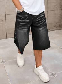 Manfinity Homme 男式宽松贴袋磨边休闲牛仔短裤 - 黑色 - 查看 4