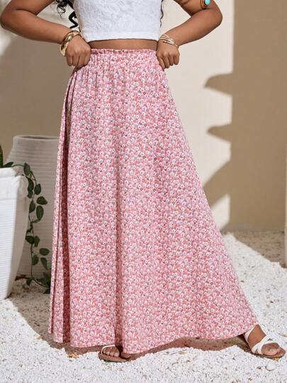 SHEIN Tween Girl Casual Vacation Chiffon Ditsy Floral Midi Skirt
