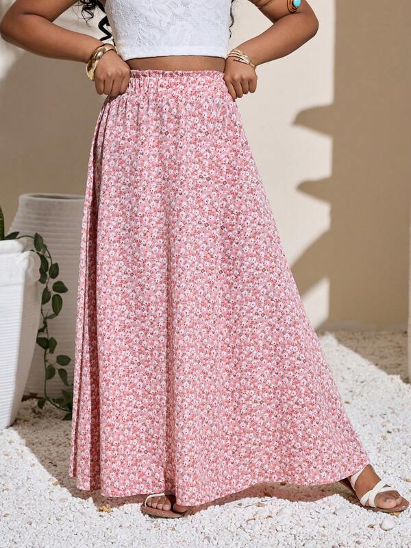 SHEIN Tween Girl Casual Vacation Chiffon Ditsy Floral Midi Skirt