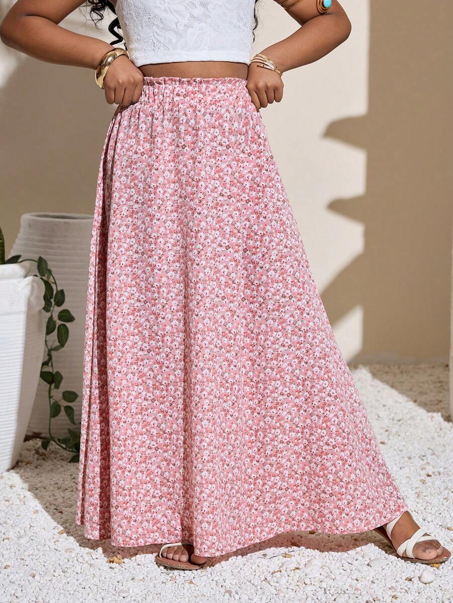 SHEIN Tween Girl Casual Vacation Chiffon Ditsy Floral Midi Skirt - Baby Pink - View 1