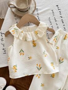 SHEIN LMoss Kids Babygirl 花卉印花荷叶边无袖上衣和松紧腰裤两件套套装，夏季度假 - 彩色 - 查看 5