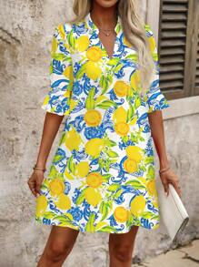 SHEIN Clasi Vestido corto amarillo con estampado de limón para mujer en verano - Multicolor - Ver 6