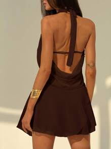 Aloruh Đầm ngắn hở lưng màu trơn gợi cảm mùa xuân/hè mới, cổ khoét sâu, viền xếp nếp bất đối xứng - màu nâu - Xem 3