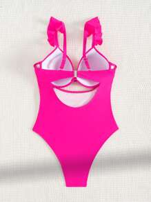 Swim DD+ 女士时尚纯色 DD 罩杯性感交叉前带飞边文胸，夏季 - 玫紅色 - 查看 5