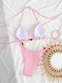 Swim Vcay 2pcs Springbreak Vacation Beach Solid Color Asymmetrical Beaded Halter Tie Sexy Bikini Set For Summer - Pink - View 2