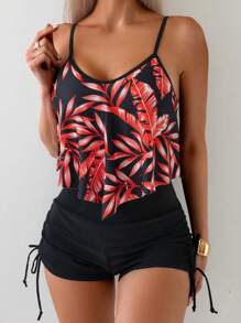Swim Lushoire Printed Crop Top Bikini With Ruffle Trim - Red - View 1