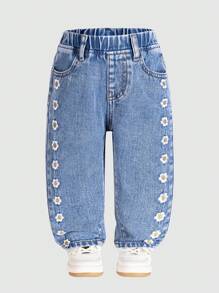 Baby Girl Embroidered Fashion Damsel Blue Tapered Jeans, Suitable For All Seasons - Medium Wash - View 2