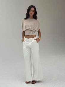 Aloruh Khaki Metallic Thread Elegant Knit T-Shirt For Work,Graduation,Back To School Outfits - Khaki - View 3