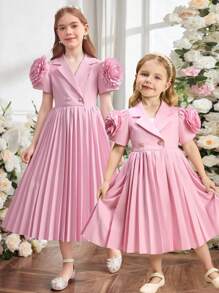 Tween Girls Pink 3D Floral Pleated Vintage Stylish Dress