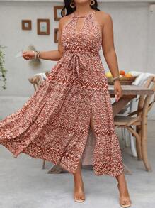 SHEIN Clasi Vestido casual de vacaciones con estampado floral, cuello anudado, sin mangas, con abertura en el bajo, para tallas grandes - Multicolor - Ver 7