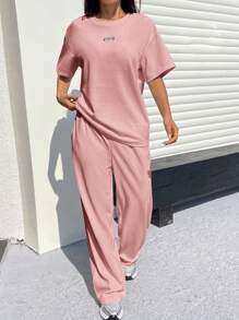 SHEIN EZwear Women Texture Casual Loose T-Shirt And Wide-Leg Pants 2Pcs Set - Dusty Pink - View 5