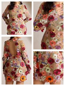 Anewsta 大码女式花卉刺绣修身迷你连衣裙，优雅春季 - 杏色 - 查看 6