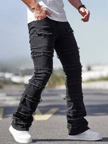 Manfinity Homme Men's Utility Pocket Frayed Slim Fit Bootleg Jeans - Black - View 6