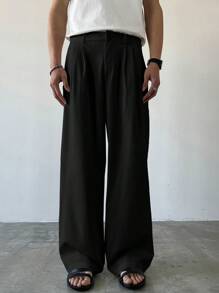 Claim Dot 男士纯色褶皱口袋宽松阔腿休闲裤，宽松黑色裤子，秋季