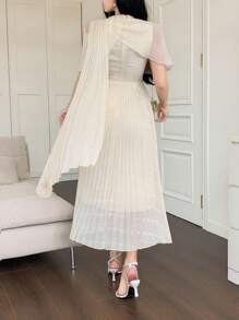 DAZY Women Elegant Solid Color Asymmetric Ruffle Pleated Mid-Calf Dress,Back To School Clothes