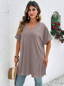 EMERY ROSE 大码V领纯色短袖T恤，夏季时尚 - 駝色 - 查看 5