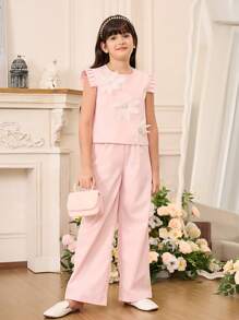 2 件套青少年女孩时尚无袖上衣和长裤套装，适合夏季 - 粉色 - 查看 6