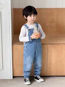 Young Boy Casual Retro Blue Denim Overalls With Pockets, Daily Wear Denim Bib Pants Suit Set Young Boys Pants Young Boys 2 Pieces Overalls Kids Boys - Medium Wash - View 1
