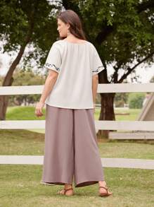LanaWest Conjunto de top y pantalones de talla grande con cuello redondo y estampado de plantas - Multicolor - Ver 2
