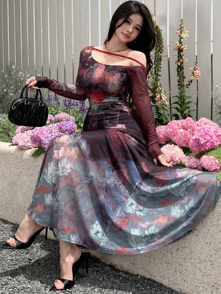 Tie-Dye Tie Dye Spaghetti Strap Sexy Wrap Dress, Fall Long Sleeve Dress Maxi Dress