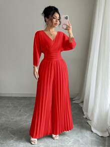 Rafferiza 女士纯色长袖连体裤，夏季时尚 - 紅色 - 查看 3