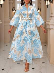 SHEIN Lady Váy dài tay đèn lồng họa tiết hoa jacquard dành cho nữ, trang trọng, thanh lịch, dự tiệc cưới, tiệc Four Seasons Old Money Festival - Màu xanh nhạt - Xem 3