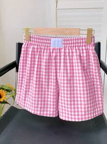 Comfortcana Valentine's Day Plus Size Women Loose Plaid Pattern Elastic Waist Shorts - Pink - View 6