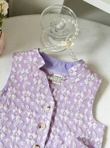 2 件套女婴幼儿 0-3 岁优雅时尚花卉纹理面料立领无袖夹克和短裤套装