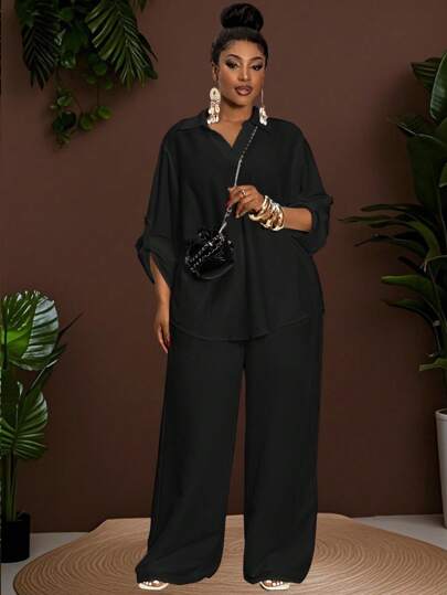 Slaydiva Women Plus Size 2 Pieces Set - White V-Neck Loose 3/4 Sleeve Blouse And Straight Leg Pants, Casual Daily And Vacation Wear, Spring/Summer, Woven Fabric