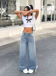 SHEIN 少女 Y2K 时尚条纹蝴蝶结宽松复古休闲斜口袋直筒牛仔裤，春夏假期 - 淺色水洗藍 - 查看 5