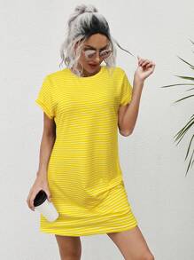 SHEIN LUNE Váy túi ngắn tay kẻ sọc thường ngày cho nữ - Màu vàng - Xem 4