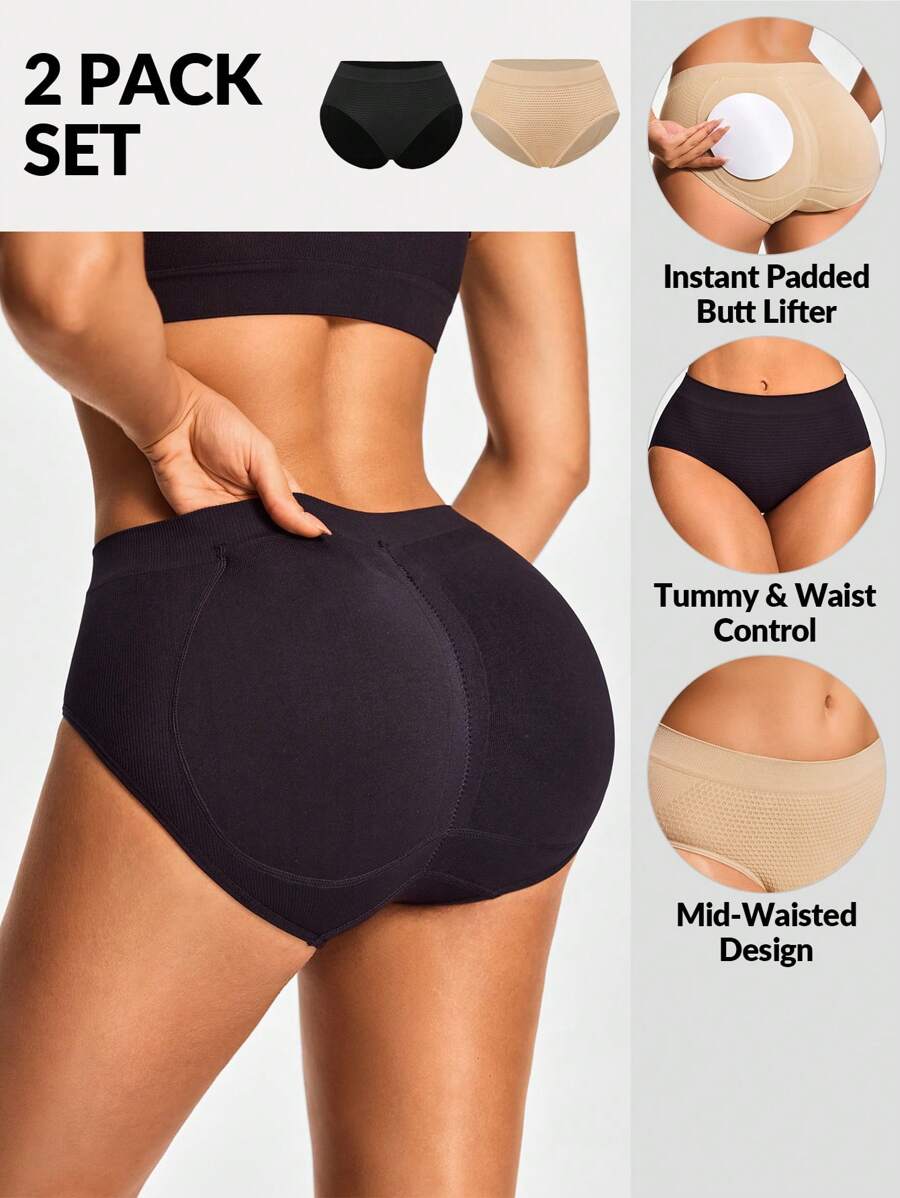 SHAPORA 2 件装 无缝中腰提臀加厚三角裤塑身裤 收腹束腰 - 彩色 - 查看 1