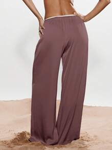 KIZN 奢华高腰阔腿休闲裤丝滑飘逸度假装宽松版型海滩度假晚装舒适松紧腰裤 - 淡紫色 - 查看 2