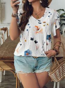 SHEIN VCAY Maglietta casual da donna taglie forti con stampa floreale, inserti in pizzo e maniche corte