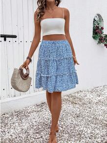 Breezaya 蓝色碎花褶饰多层半身裙 - 藍色 - 查看 4