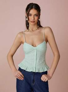 Enchnt Top romantic de primăvară/vară pentru femei, verde mentă, cu fundă pe piept, cu tiv cu volane, drăguț, dulce, sexy și la modă, pentru vacanță, întâlniri, sărbători, petrecere, absolvire și invitați la nuntă, concerte, festivaluri, femei de Paște, topuri de vară pentru femei, vară - Verde - Vizualizare 2